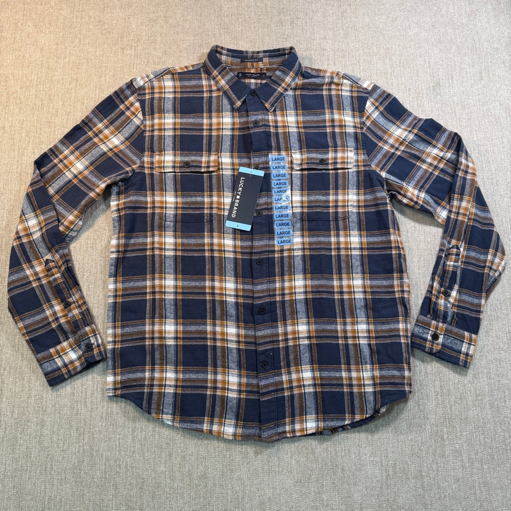 Lucky Brand Mens Classic Fit Flannel Plaid Button Down Shirt Navy Orange Large